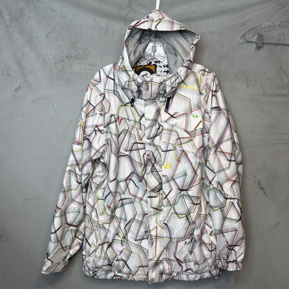 Volcom Womens L White Multicolor Geometric Hooded Snowboard Ski Jacket - Picture 1 of 8
